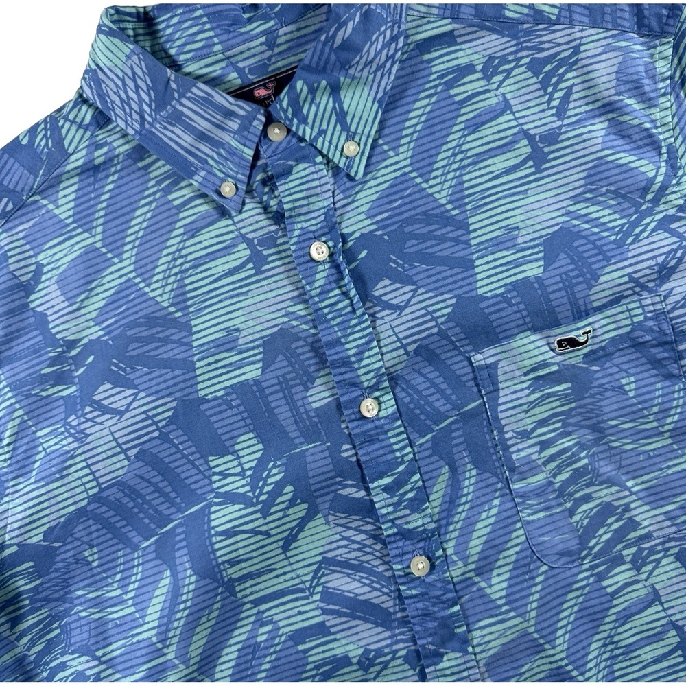 Vineyard Vines Tropical Palm Print Shirt Mens XL Blue Short Sleeve Button Down